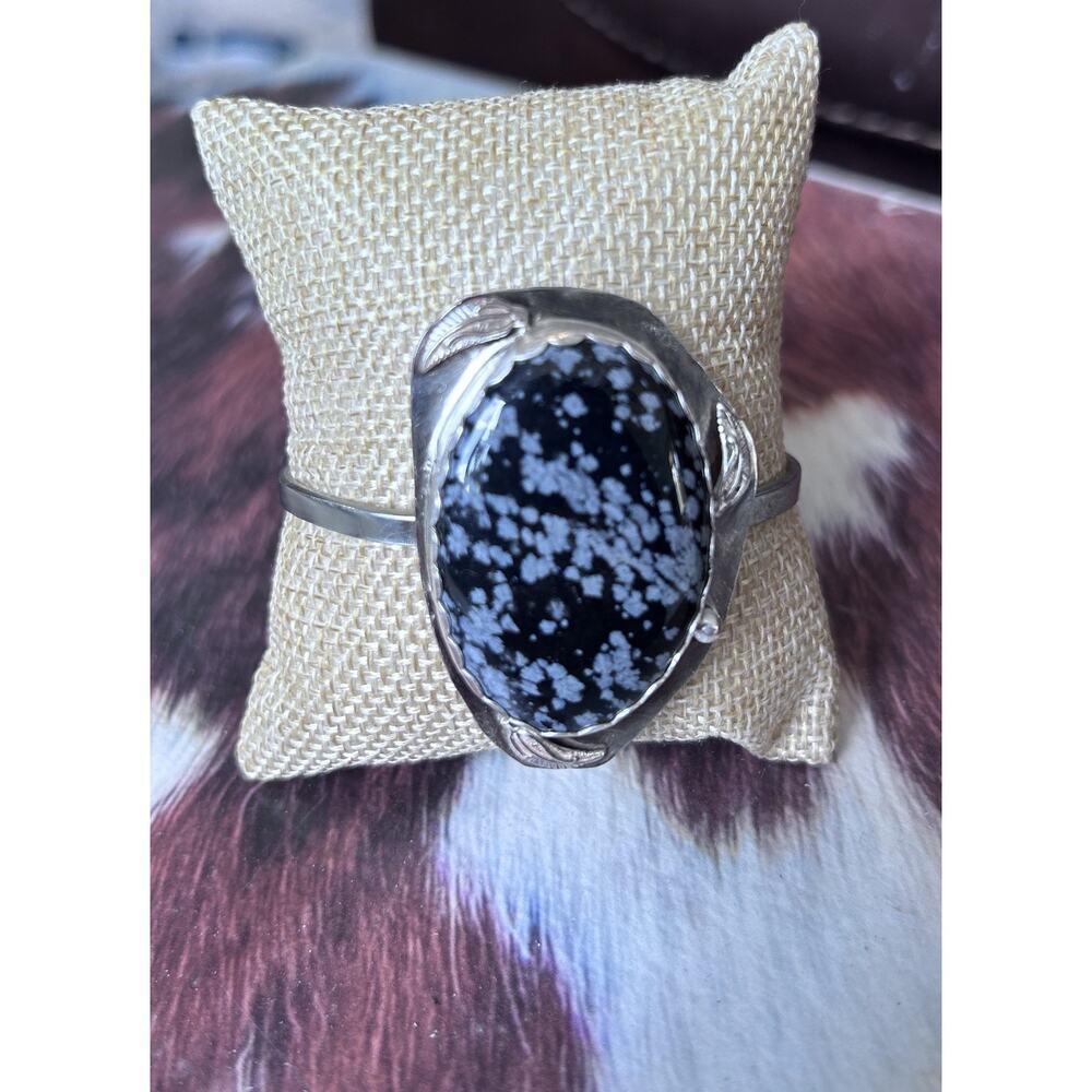 Snowflake Obsidian Cuff Bracelet Sterling Silver Accents Hand Crafted In The USA